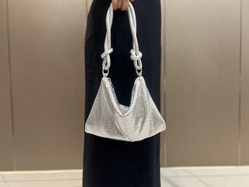 Image of Shimmering Metal Mesh Evening Bag Knotted Shoulder Strap Women Evening Shiny Hobo Metallic Purse (Style A Silver)