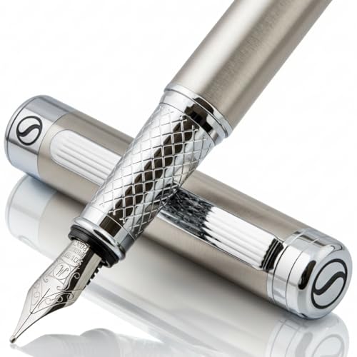 Image of Scriveiner Stainless Steel Fountain Pen - Stunning Luxury Pen with Steel Finish, Schmidt Steel Nib (Medium), Pen Gift Set for Men & Women, Professional, Executive Office, Nice Designer Pens