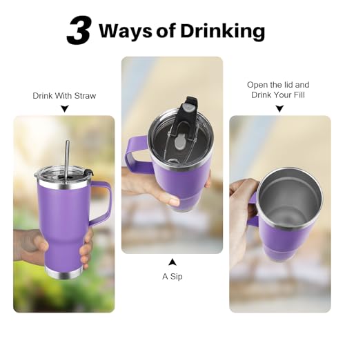 Image of 20 oz Tumbler with Handle, Stainless Steel Insulated Tumbler with Lid and Straw, Double Wall Vacuum Coffee Mug Tumbler, Insulated Coffee Thermal Cup for Cold and Hot (Purple)