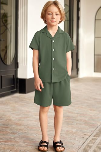 Image of Arshiner Toddler Boys 2 Piece Summer Outfits Waffle Knit Short Sleeve Button Down Shirt & Casual Shorts Sets Size 2-7