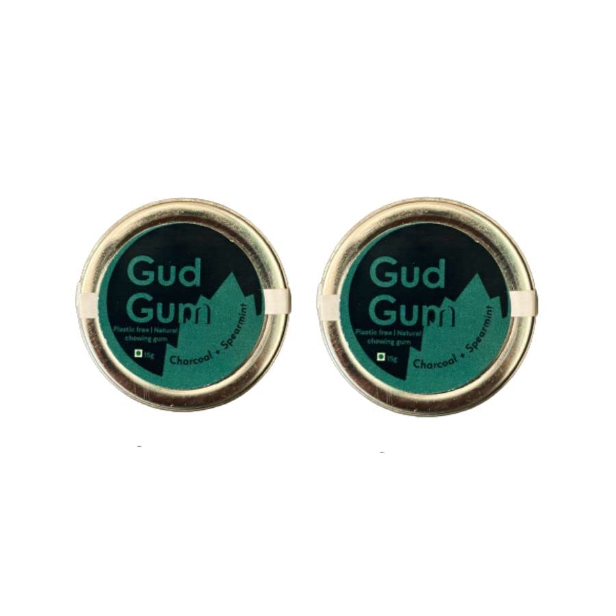 Image of Gud Gum- Natural, Plastic Free Chewing Gum- Pack of 2- No added artificial colours, flavours & sweeteners (Charcoal Mint Tin 15g)