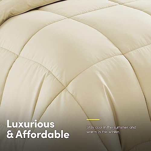 Sweet Home Collection 7 Piece Comforter Set Bag Solid Color All Season Soft Down Alternative Blanket & Luxurious Microfiber Bed Sheets, Beige, Queen