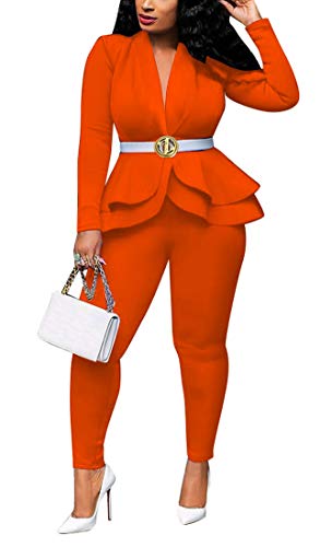 Aro Lora Women's 2 Piece Outfit Casual Solid Ruffles Blazer and Bodycon Pant Suits Set Medium Orange