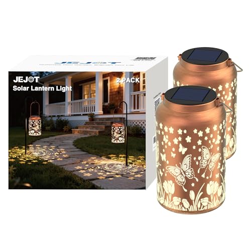 Image of JEJOT Butterfly Solar Lanterns Outdoor Waterproof, Mothers Day Gifts, Birthday Gifts for Women Mom Grandma,Metal Hanging Solar Lantern for Yard,Garden,Porch Landscape Deconrations-2 Pack