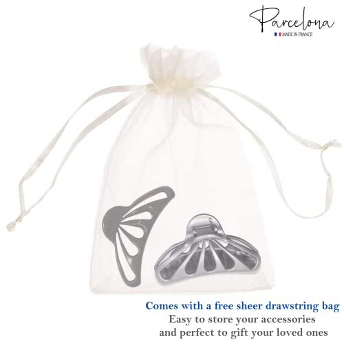 Parcelona French Rain Drop Set Of 2 Small Silver Grey And Black Celluloid Jaw Hair Claw Clip With Covered Spring #TOP7