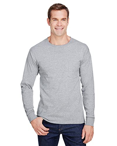 Hanes Men's Workwear Long-Sleeve Pocket T-Shirt, Light Steel, Medium