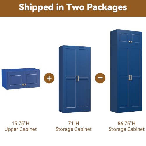 Image of Polup 86 inch Tall Metal Kitchen Pantry Storage Cabinet with Doors and Shelves | Heavy-Duty Blue Cabinet, 4 Adjustable Shelving, Gold Handles, Magnetic Latch, for Dining Living Room, Bathroom & Garage