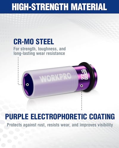 Image of WORKPRO 1 /2 inch Drive Lug Nut Impact Duty Socket, 22mm Deep Thin Wall Socket, Made of Premium Cr-Mo Steel, Non-Marring Lug Nut Wheel Sockets for Car
