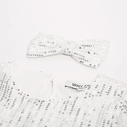 Grace Karin Girls Sequin Party Dress Flower Girls Crew Neck Dress With Hair Bow Silver White 10Y #TOP6