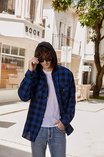 Image of Cromoncent Men Flannel Hoodie Plaid Button Down Jacket Long Sleeve Shirts