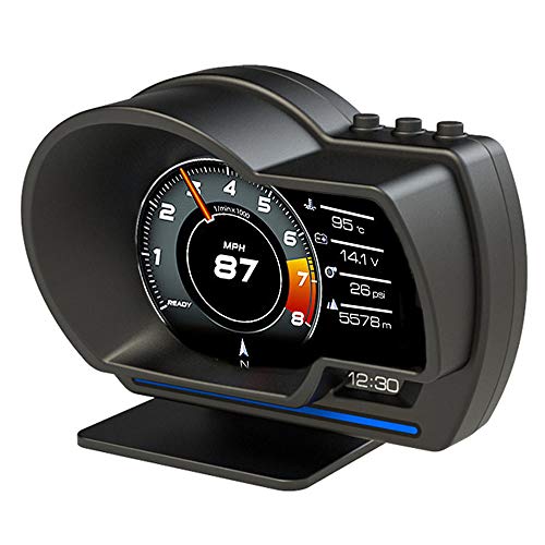 Car HUD Head UP Display Odometer, OBD2 GPS Dual System Speedometer Clear Fault Code Turbine Pressure Oil/Water Temperature Meter, Test Brake Overspeed Alarm, HD LCD Code Meter Display Screen