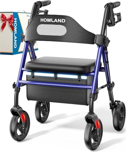 HOMLAND Foldable Rollator Walkers with Seat for Seniors, 8'' Big Wheels, 350 lb. Weight Capacity, Adjustable Handles and Seat Height, Lightweight Rolling Walker, Blue