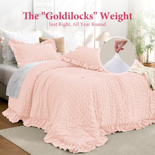 Image of JOLLYVOGUE Blush Pink Full Comforter Set,3pcs Seersucker Comforters Full Size