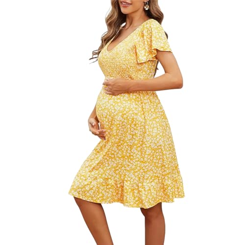 Lemoiitea Vestido de verano para mujer, vestido de maternidad con cuello en V, estampado floral, vestido informal de manga corta con volantes, elegante vestido plisado para embarazo, amarillo, S