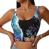 Women Girls Yoga Bras U-Shaped Back Comfortable Sweat Vest with Pads Elastic Sportswear for Gym Fitness, for Moon Black Cat Flower Art