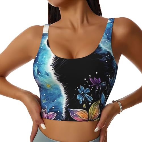Women Girls Yoga Bras U-Shaped Back Comfortable Sweat Vest with Pads Elastic Sportswear for Gym Fitness, for Moon Black Cat Flower Art