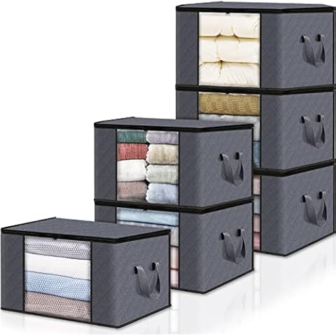 HomeHacks 50L 6-Pack Clothes Storage,Foldable Blanket Storage Bags,Storage Containers for Organizing,Clothing,Bedroom,Comforter,Closet,Dorm,Sweater,Quilts,Organizer,Grey Cover