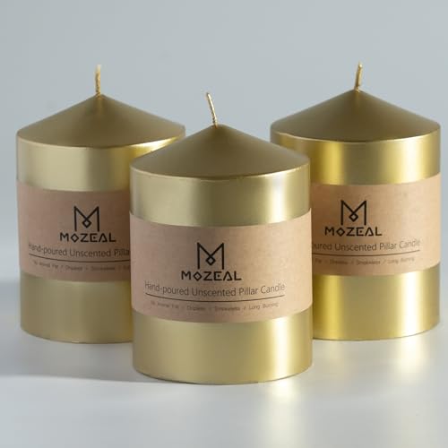 MOZEAL 3" x 4" Hand-Poured Unscented Gold Pillar Candles,Dripless Candles Set of 3,Smokeless,Clean Burning,Approx 60 Hours Burn Time,Wedding,Dinner,Christmas and Home Decor 3 Inch Width Seri...