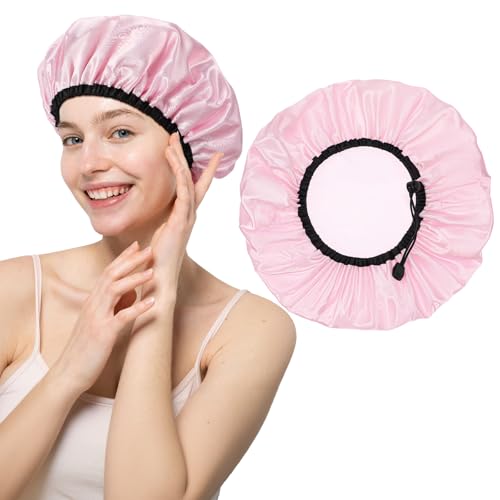 1 cuffia in seta impermeabile per dormire, riutilizzabile con fascia elastica, in poliestere PE per capelli lunghi, ricci spessi, trecce, torsioni (rosa) (rosa)