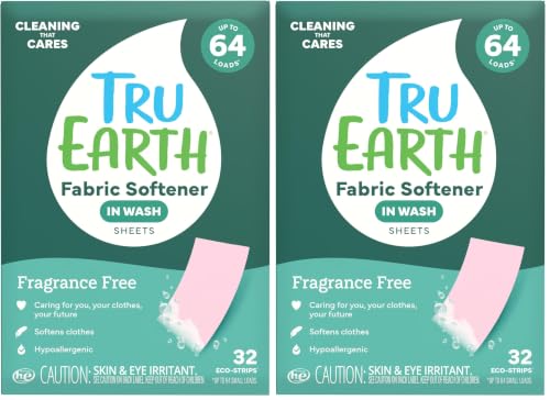 Image of Tru Earth Fabric Softener Strips for Washing Machine, Alternative to Fabric Softener Liquid and Pods, Unscented Fragrance Free, Up to 64 Loads Per 32-Count (Pack of 2)