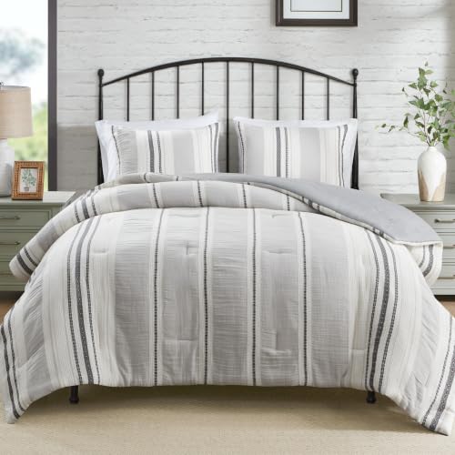 Image of Hyde Lane Boho Queen Comforter Set - 3-Piece Shabby Chic Bedding Sets, Farmhouse Bed Comforter with 2 Pillow Shams, All Season Cotton Top, Gray Striped