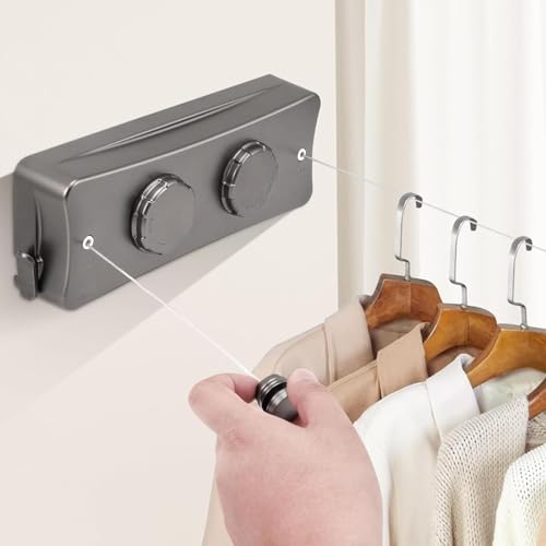 物干しワイヤー 洗濯物干しワイヤー 耐荷重40kg ワイヤー全長5.1M 内蔵タイプ ステンレス 自由伸縮可能 室内物干し 隠し物干し用ロープ 防水防錆 壁付 梅雨対策 省スペース収納 室内屋外兼用 取り付け簡単 (ロープ 2 本)