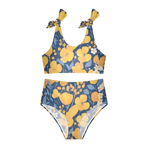 Elegant Pattern with Yellow Flowers Girls' Two Piece Kids Bikini Set Beach Swimsuits Swimming Suits Adjustable Strap3