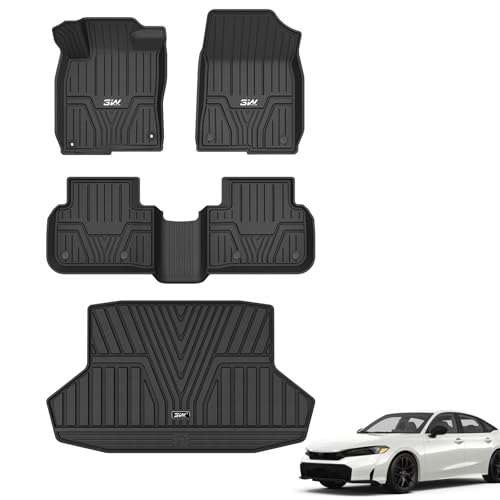 3W Floor Mats&Cargo Liner Fit for 2022-2026 Honda Civic Sedan Automatic/Acura Integra 2023-2026(Not Fit Hybrid/Manual/Hatchback) Rear Row w/o USB Ports TPE All Weather Custom Fit Full Set Fl
