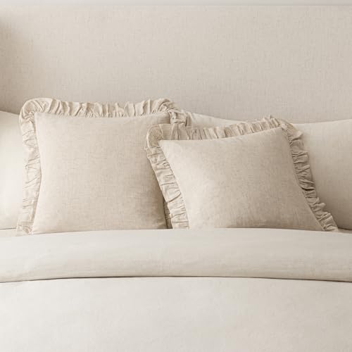 Image of Foindtower Set of 2 Decorative Soild Fringe Ruffle Throw Pillow Covers Soft Boho Farmhouse Cushion Cover Cozy Accent Retro Pillowcase for Couch Sofa Bed Living Room Home Decor,18x18 Inch,Natural Beige