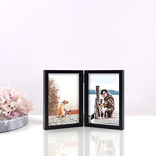 4X6 Double Picture Frame Wooden Hinged Photo Frame Definition Glass Stand Vertically On Desktop Or Tabletop Black #TOP5