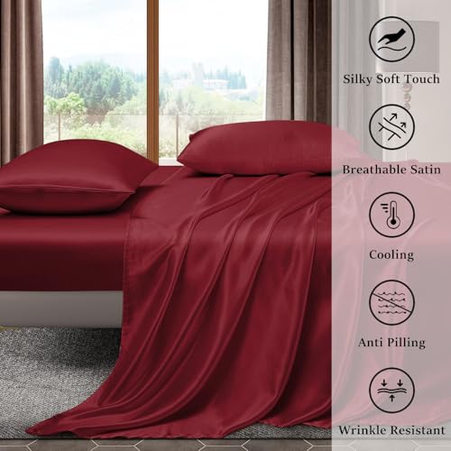 Image of Homestan Satin Bedsheet for King Size Bed with 2 Pillow Covers, Modern Bed Sheet for Romantic Nights(100x108 inches, Crimson Red)