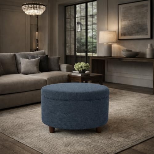Image of HomePop 28 inch Round Storage Ottoman - Textured Navy
