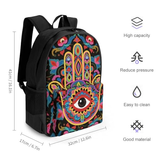 Supdreamc Rucksack Anti-Theft Multipurpose Large Capacity Carry On Bag - Colorful Eye Hamsa Hand Lotus Ethnic Indian Art Travel Hiking Bag & Day Pack With Side Pockets2