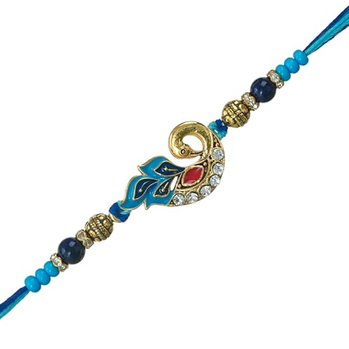 Image of eCraftIndia Beautiful Peacock Rakhi for Brother Bhaiya Bhai with Best Bro Ever Fridge Magnet | Roli Chawal Pack