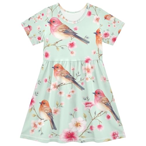 Girls Short Sleeve A Line Dress with Birds Watercolor Print Toddler Summer Clothes, 2T