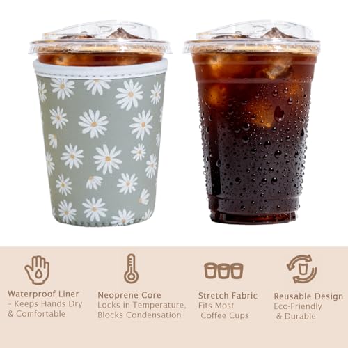 Image of Reusable Insulated Sleeve for Iced Coffee Cup, 3-Pack Coffee Neoprene Drink Sleeve for Cold & Hot Drinks, Beverage Holder for Iced Coffee (Sage Daisies)