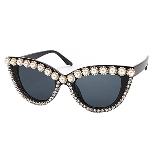 Oversized Cat Eye Sunglasses for Women Handmade Rhinestone Pearl Plastic Frame4