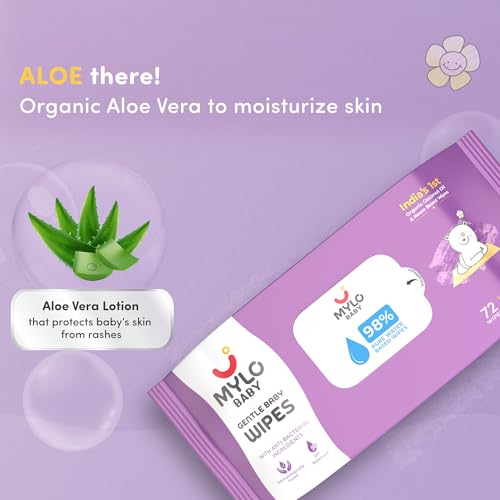 Image of Mylo Baby Gentle Baby Wipes with Lid (72 Wipes, Pack of 1) | With Aloe Vera, Coconut Oil, Neem, & Vitamin E | 98% Pure Water | Dermatologically Tested | pH Balanced | Pack of 1