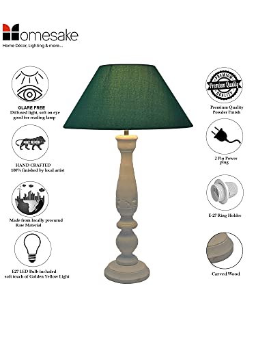 Image of Homesake Handcrafted Wooden Table Lamp for Bedroom & Living Room | Decorative Bedside Reading Lamp with Fabric Shade, E27 Holder | Bulb Included | White Floral Carved Base for Home Decor, Green