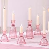 LAMORGIFT Pink Candle Holder Set of 6-4pcs 3.5'& 2pcs 6' Assorted Glass Pink Candlesticks Holder for Wedding Decor, Ribbed Taper Candle Holders Bulk for Bridal Shower, Home Table Centerpieces