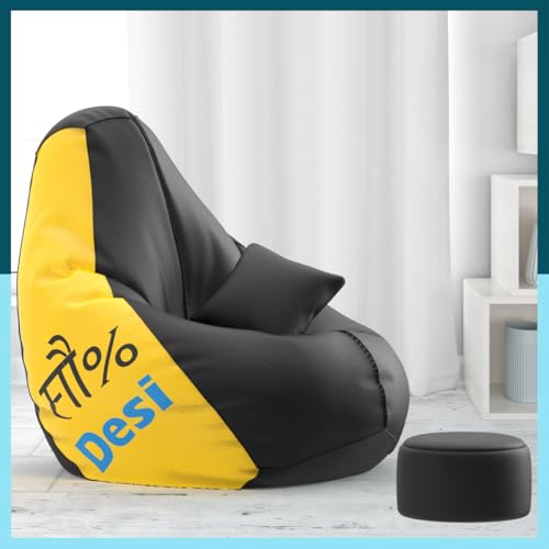 Biggie Bean Bag Cover 4XL Bean Bag with Free Cushion Footrest - Official : ChicSitting Combo (Matching Color : Printed, 100% Desi - Black Yellow)-image-46