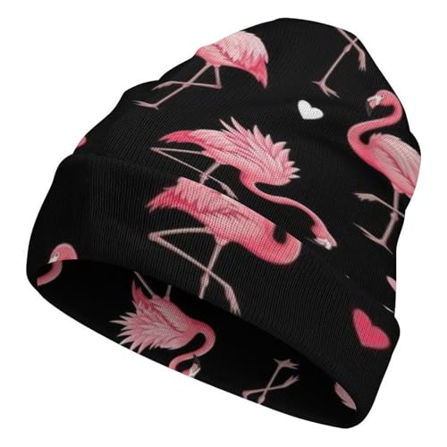 Men Women Fashion Winter Beanie Hat, Pink Love Heart Flamingo Unisex Adult Cuffed Skull Cap Casual Warm Knit Hats