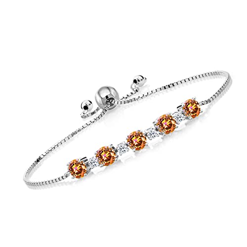 Gem Stone King 925 Sterling Silver Gemstone Birthstone and White Topaz Tennis Bracelet for Women | Round 5MM and 2.5MM | Adjustable Bolo Design | Easy-On Easy-Off | Fully Adjustable Up to 9 Inch