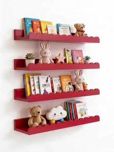 Image of Scalloped Shelves for Nursery - Wall Book Shelves for Bedroom Kids, Nursery Bookshelf for Wall Set of 4, Floating Book Shelves Solid Wood,18 Inch (Red)