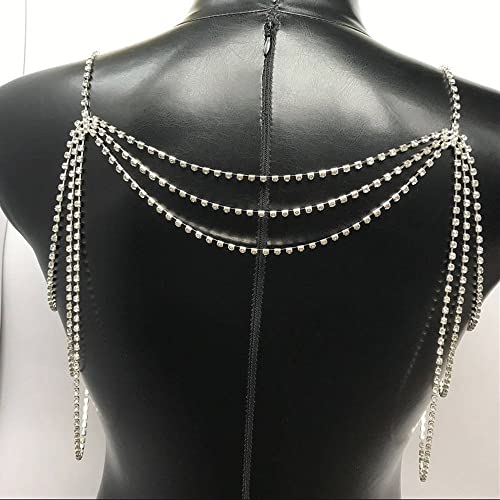Bethynas Boho Layered Rhinestone Shoulder Chain Bling Crystal Tassel Body Chain Jewelry Party Bra Chain Accessory For Women Girls (C, Silver) #TOP4