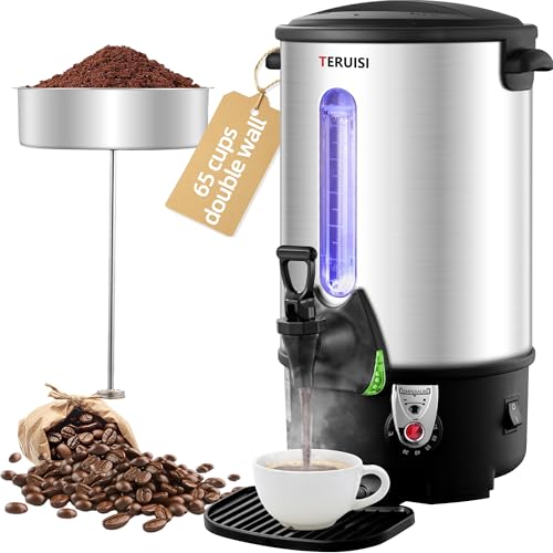 TERUISI Coffee Urn, 65 Cups/9L Commercial Coffee Maker, 1300W Large Coffee Maker Hot Water Tea Urn with Filter Basket & Adjustable Temperature, Stainless Steel Hot Drink Beverage Dispenser by TERUISI - Used condition - US$28.21