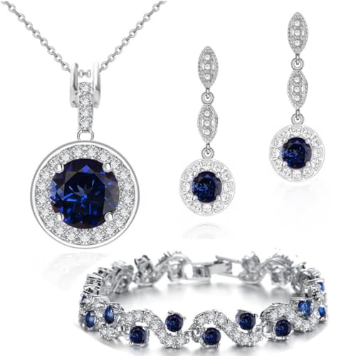 Crystalline Azuria Femme Ensemble Collier Pendantes Boucles d'Oreilles et Bracelet 18ct Plaqué Or Blanc avec Cristaux Bleu imitation Saphir en Zircone