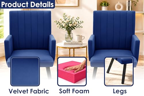 Image of Rosebell Modern Velvet Office Chairs Set of 2 with Armrests & Metal Legs | Upholstered High Back Leisure Chairs for Living Room, Bedroom, Office, Cafe & Dining Room | Blue