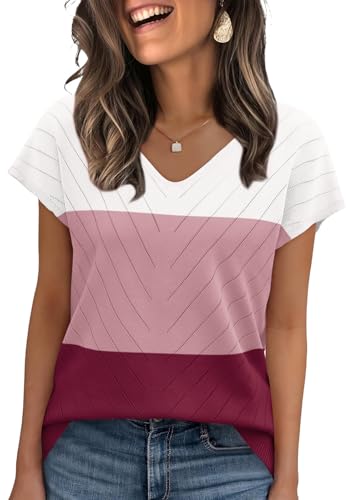 Image of WIHOLL Short Sleeve Sweater for Women V Neck Trendy Summer Tops 2026 Beach Vacation Clothes Travel Business Casual Outfits