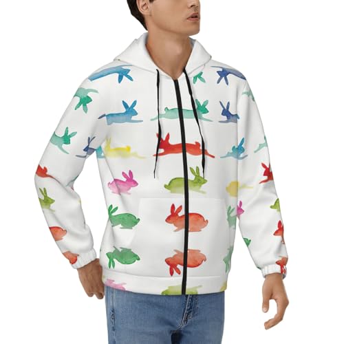 Sweat à capuche homme lapin arc-en-ciel veste casual zippée avec cordon de serrage